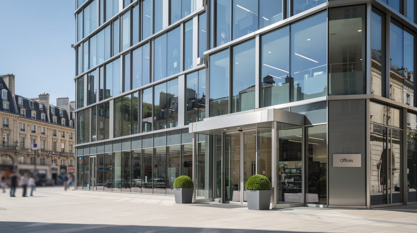 Modern glass office building exterior in a European city