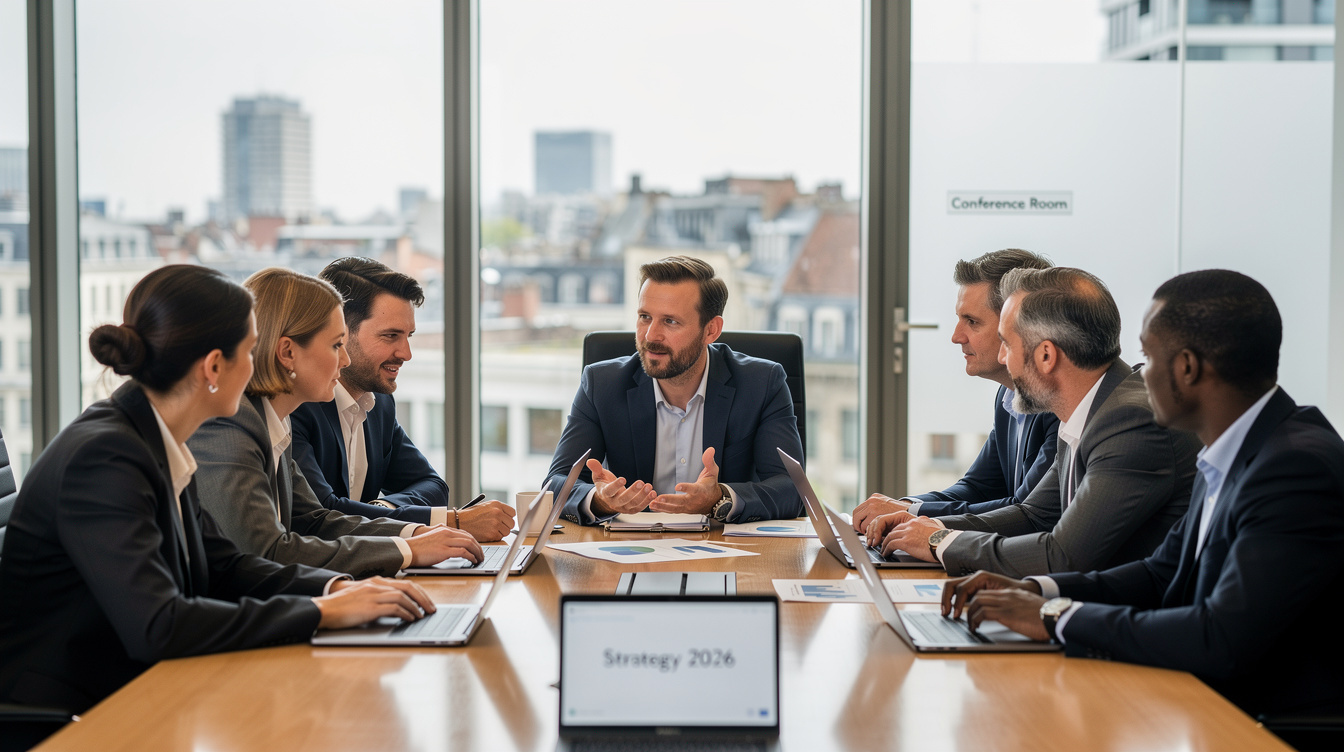 Diverse business executives discussing strategy around a table